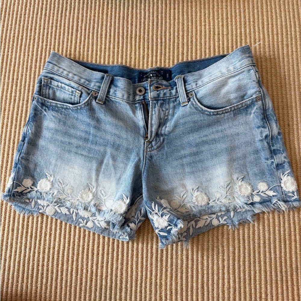 Lucky Brand Blue and White Embroidered Jean Shorts